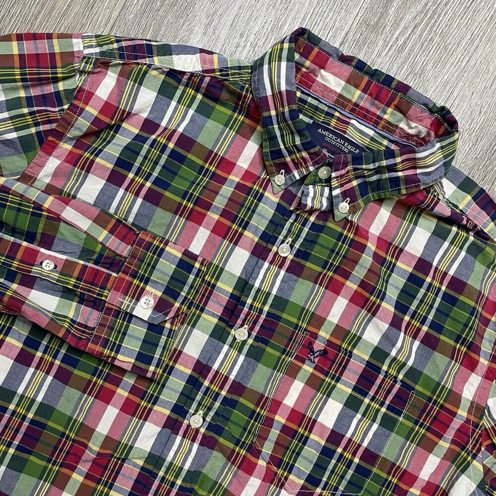 American Eagle AEO Athletic Fit Plaid Shirt Men’s Large Button Front Long Sleeve